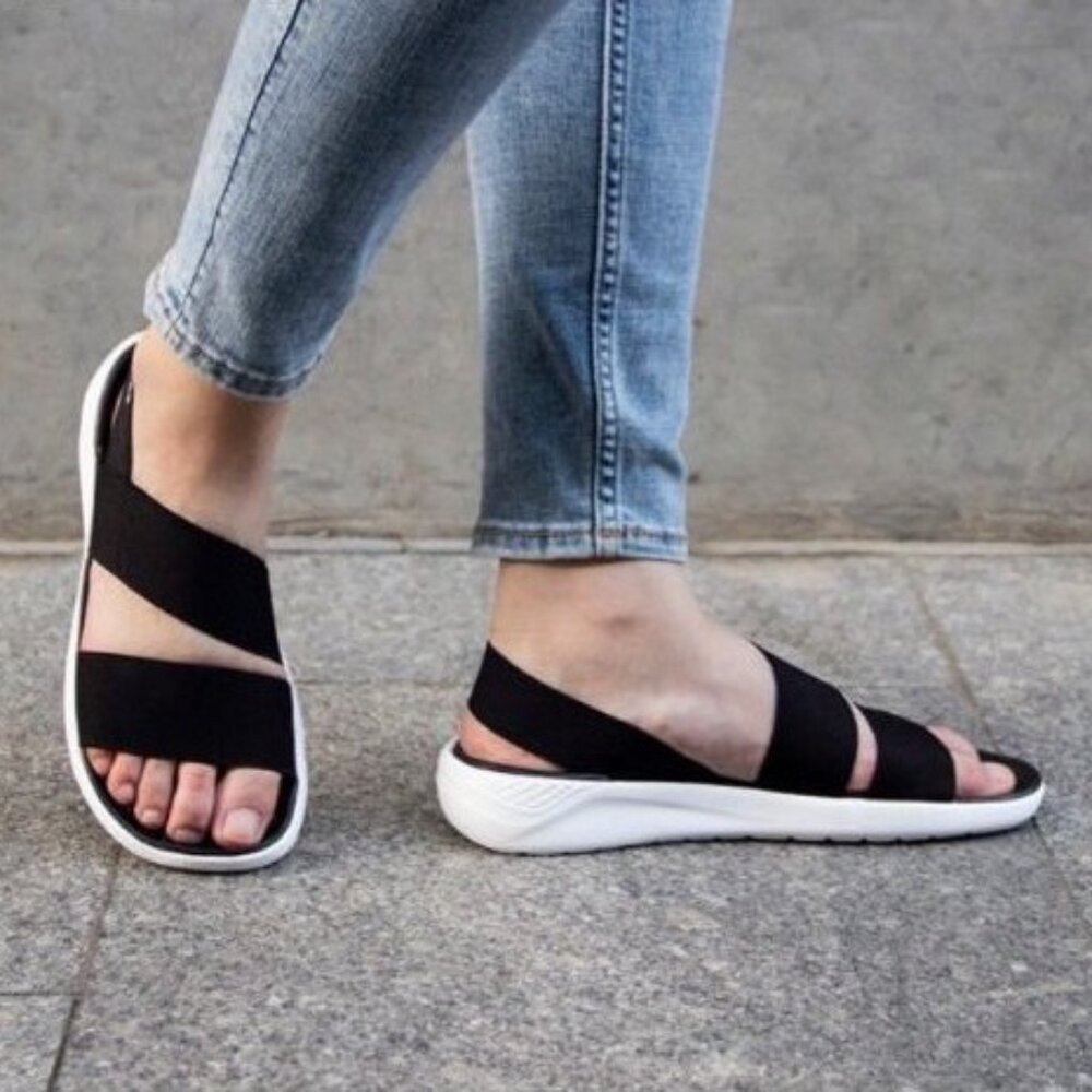 Crocs LiteRide Stretch Ankle Strap Sandals, NEW Black & White